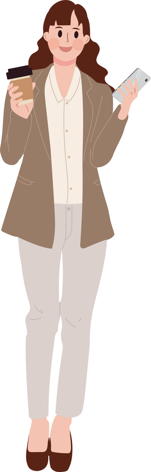 Businesswoman holding smartphone and coffee cup